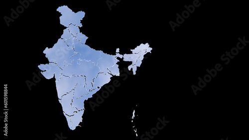 Indian map 3D with glass reflection on a black background