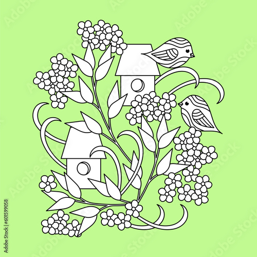 Spring or summer Flowering trees, birdhouse, birds. Vector illustration, poster. Coloring book page .
