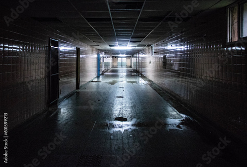 Fototapeta Naklejka Na Ścianę i Meble -  Pasillo sombrío de Hospital con luces de fondo