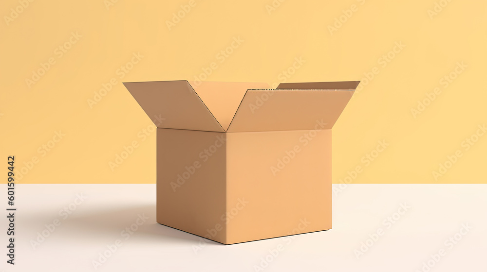 Cardboard box with opened cover isolated on white and beige background. Created with Generative AI Technology Cardboard box with opened cover isolated on white and beige background. Created with Generative AI Technology