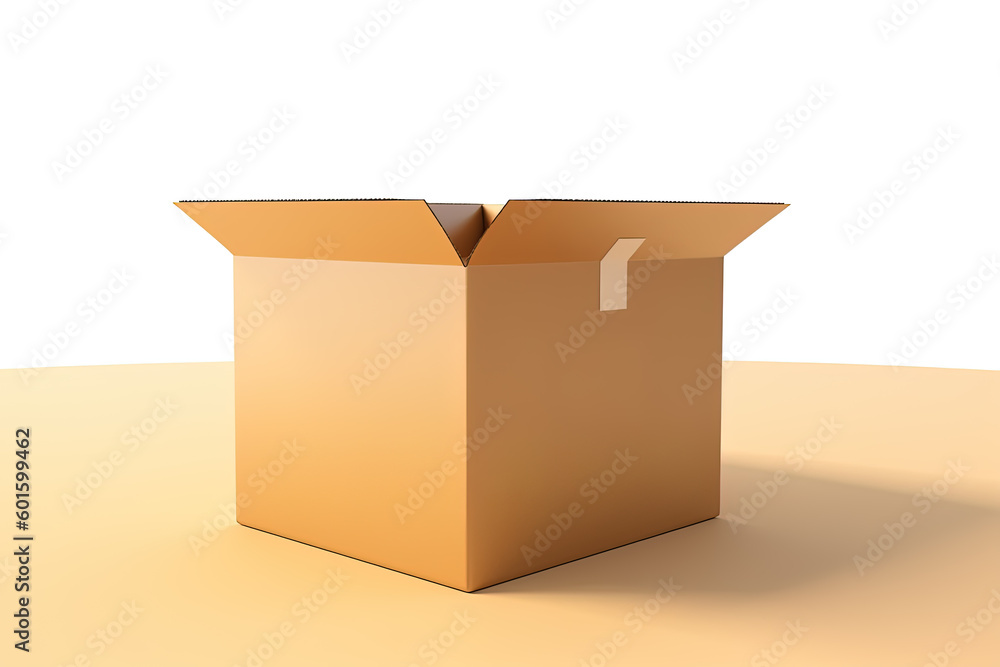 Cardboard box with opened cover isolated on white and beige background. Created with Generative AI Technology