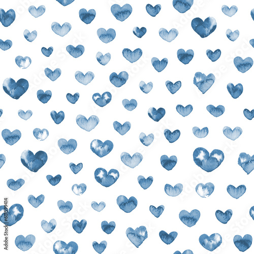 Hand painted watercolor blue cyanotype heart allover seamless print pattern