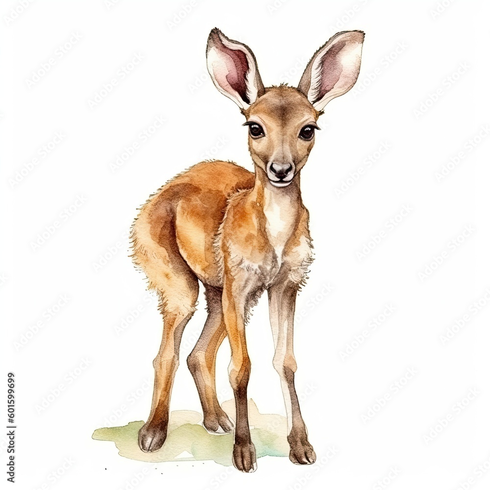 Fototapeta premium Baby Kangaroo watercolor with ink outline on white background, high detailed (generative AI)