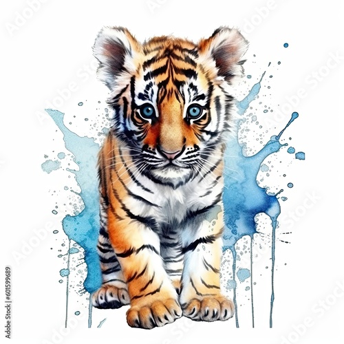 Baby Tiger watercolor with ink outline on white background  high detailed  generative AI 