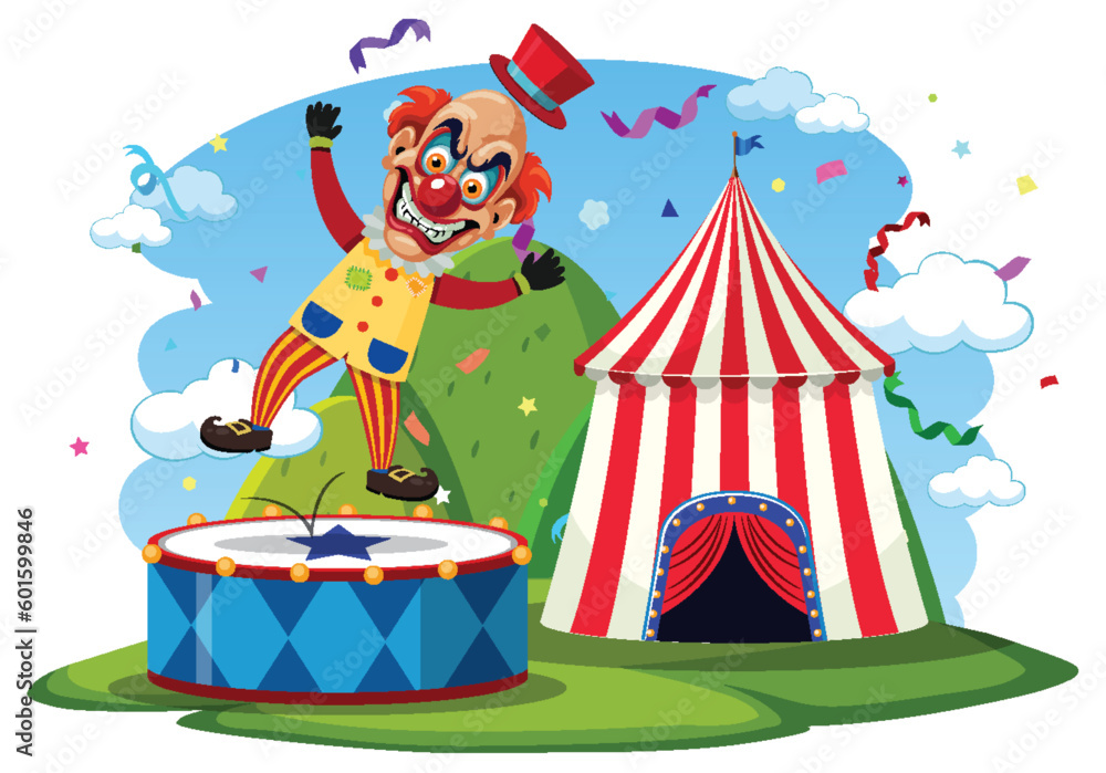 Creepy clown with circus tent background Creepy clown with circus tent background