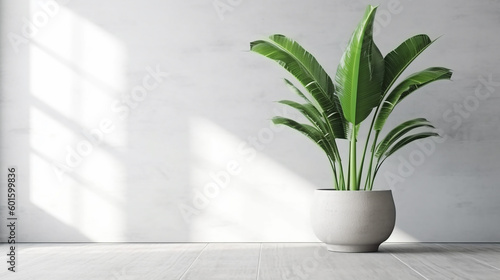 Blank clean white wall, green tropical banana tree in concrete pot on gray granite floor, baseboard in sunlight for luxury interior 