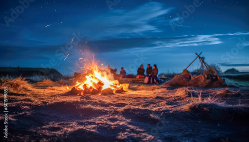 Beach bonfire at night