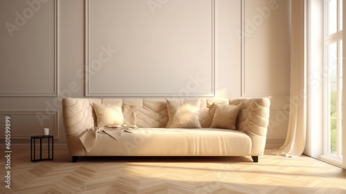 Cream comfortable suede leather sofa, brown cushion, blanket in sunlight on blank beige wall, parquet floor for interior design decoration, luxury living lifestyle product background 3D. Generative AI