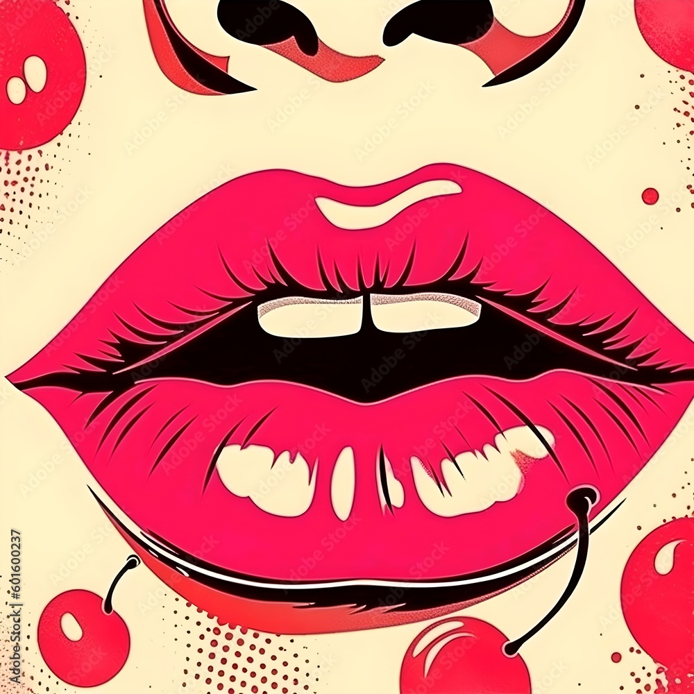 Beautiful lips with red cherry 