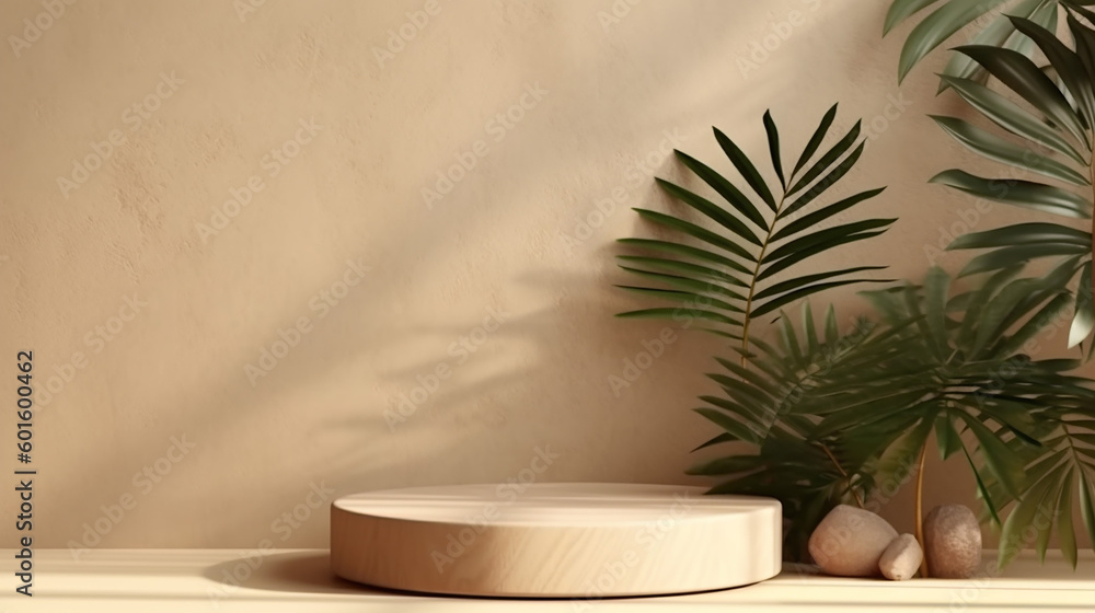 Natural log wood podium table in sunlight, foliage of tropical tree shadow on grunge weathered concrete wall Natural log wood podium table in sunlight, foliage of tropical tree shadow on grunge weathered concrete wall
