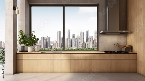 Modern wood and concrete kitchen interior with empty mock up place on wall, island, appliances and window with city view and daylight. 3D Rendering.. Generative AI