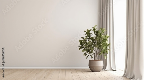 Plant against a white wall mockup. White wall mockup with brown curtain, plant and wood floor.  © Aura