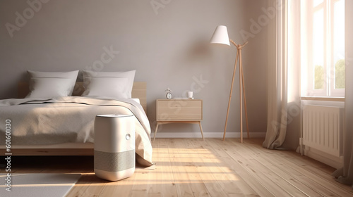 White modern design air purifier, dehumidifier by working desk in beige brown wall bedroom, gray cover sheet bed in sunlight on wood parquet floor photo