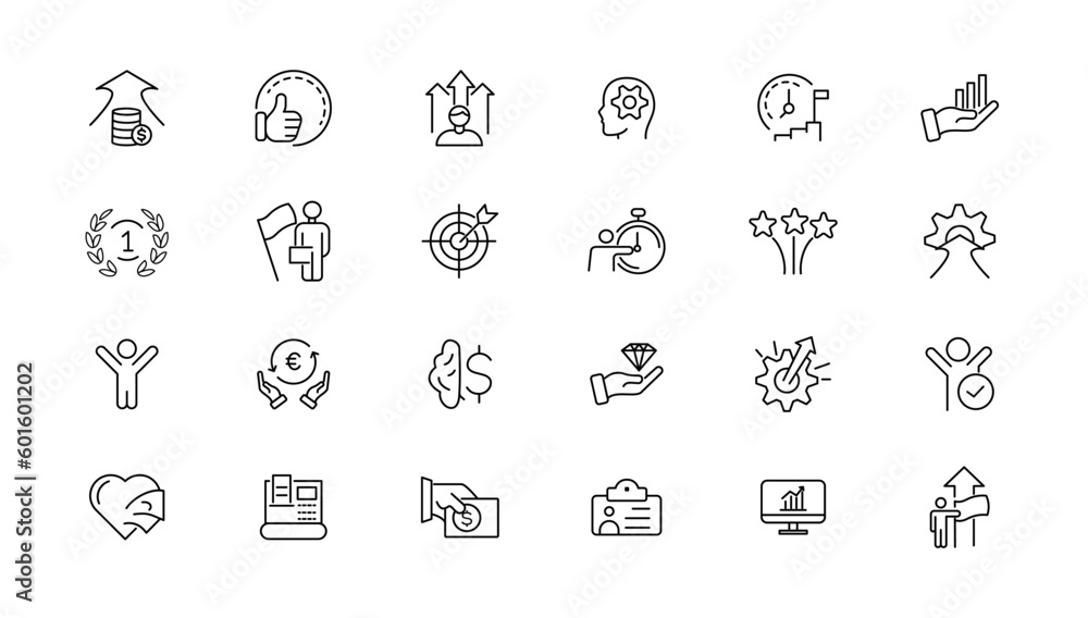 Growth and success line icons collection. Big UI icon set in a flat design. Thin outline icons pack.