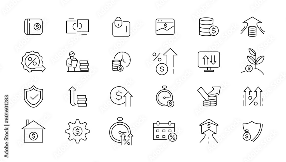 Money and taxes linear icons collection.Money and taxes black icons.Big UI icon set in a flat design. Thin outline icons pack. Vector illustration