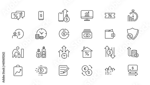 Money and taxes linear icons collection.Money and taxes black icons.Big UI icon set in a flat design. Thin outline icons pack. Vector illustration