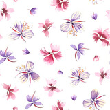 Hand painted watercolor allover seamless pink and purple spring flowers on white background