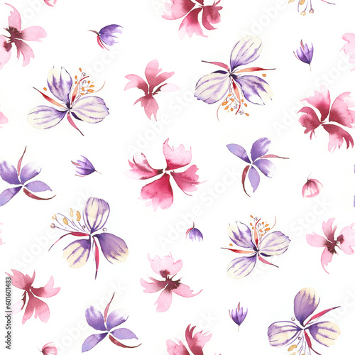 Hand painted watercolor allover seamless pink and purple spring flowers on white background © Le Adhiz 