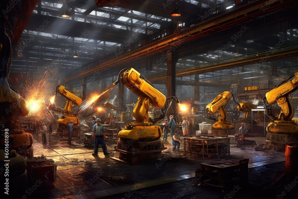Futuristic Machines in Factory: Robots Producing Auto Parts, Generative AI Technology Futuristic Machines in Factory: Robots Producing Auto Parts, Generative AI Technology