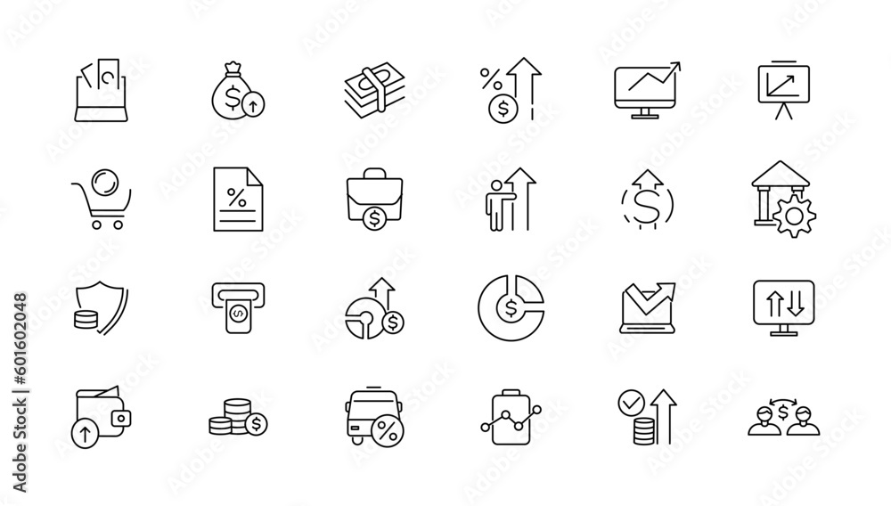 Money and taxes linear icons collection.Money and taxes black icons.Big UI icon set in a flat design. Thin outline icons pack. Vector illustration