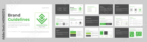 Brand guidelines presentation layout vector for the modern company. Corporate identity and brand manual magazine template with green and dark colors. Simple brand book layout template vector.