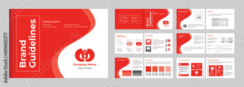Creative branding guidelines and manual presentation template vector with red and dark colors. Corporate brand identity and logo guidelines layout. Company design manual template vector.