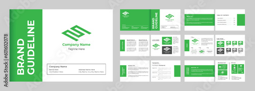 Brand identity and design guideline template vector for the company. Special branding guidelines magazine template design with green and dark colors. Company Manual layout vector with logo guidelines. photo