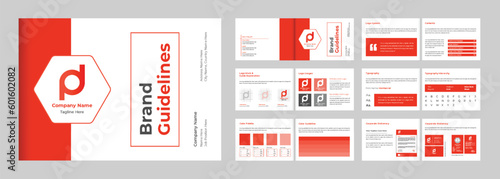 Modern fashion brand guidelines layout vector with orange and dark colors. Business brand presentation magazine template design with logo guidelines. Brand manual identity book vector.