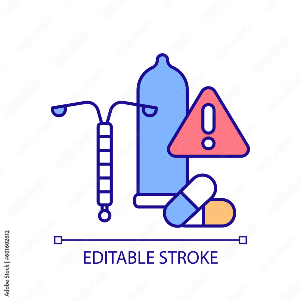 Birth control methods RGB color icon. Contraception safety. Side effects. Doctor recommended. Reproductive health. Isolated vector illustration. Simple filled line drawing. Editable stroke