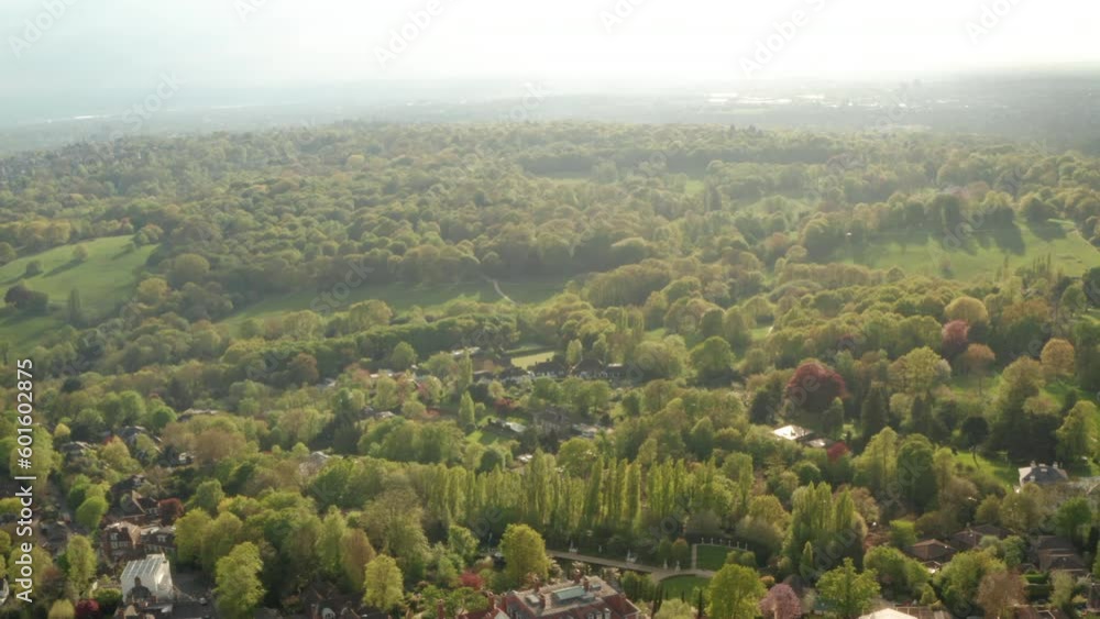 Aerial shot over wealthy neighbourhood houses bordering Hampstead heath park London Aerial shot over wealthy neighbourhood houses bordering Hampstead heath park London