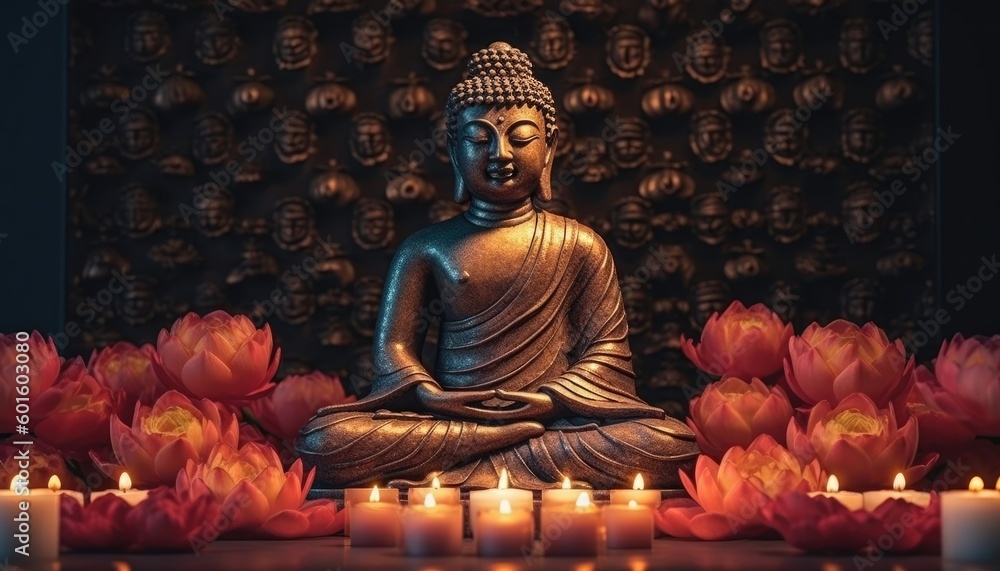 A generated image illustrates the Zen concept of spiritual health, peace, and searching through a Buddha statue in meditation with lotus flower and burning candles. (Generative AI)
