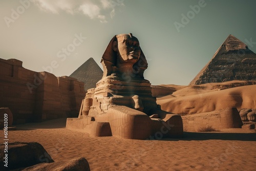 Egyptian gods avenue with sphinx at temple entrance. Generative AI photo