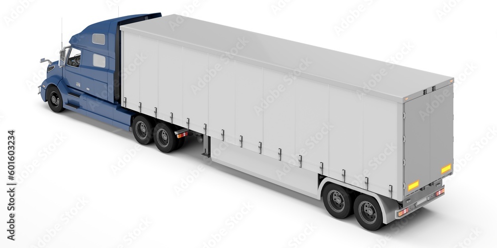 Large truck with a tent for mockup. Isolated on a white background. Angled view from behind. 3d render Large truck with a tent for mockup. Isolated on a white background. Angled view from behind. 3d render