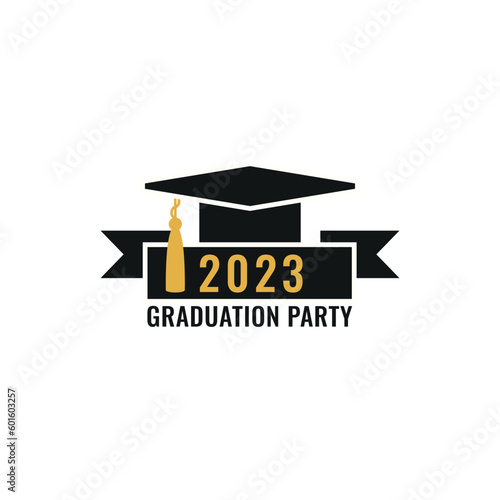 Graduation party logo design. Class of 2023 with graduation cap and ribbon. Graduation symbols. Vector illustration. 