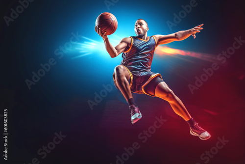 Portrait of cool colorful basketball player jumps with ball on dark background. Empty space. Generative Ai content © Nataliia