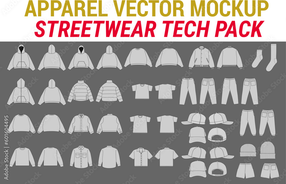 Streetwear Vector Mockup Pack Vector Apparel Mockup Collection Fashion Illustrator Vector Tech Pack Men's t-shirt trucker hat cap hoodie joggers jacket short sweater pant design template - obrazy, fototapety, plakaty 