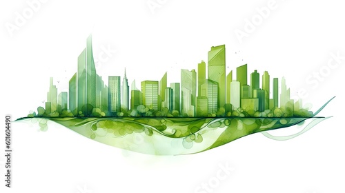 Green city illustration showcasing a harmonious blend of urban architecture and lush greenery. This image represents a sustainable future where cities and nature coexist in balance. Generative AI #601604490