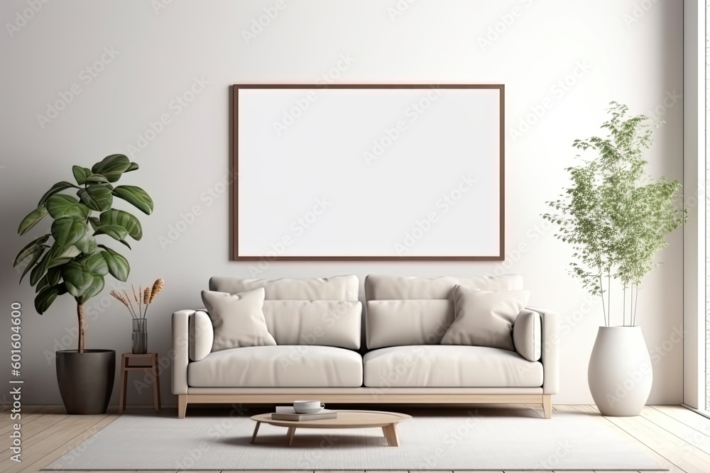 Blank wooden picture frame mockup on wall in modern interior design. Horizontal artwork template mock up for artwork, painting, posteror photo in interior design, ai generative Blank wooden picture frame mockup on wall in modern interior design. Horizontal artwork template mock up for artwork, painting, posteror photo in interior design, ai generative