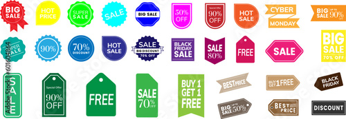 Set of Sale badges. Sale quality tags and labels. Template banner shopping badges. Special offer, sale, discount, shop, black friday.Set of sale sticker, price tag, starburst, quality mark, sunburs photo