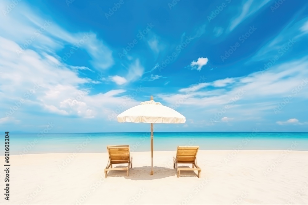 Obraz premium The stunning beach banner features a wide panorama of white sand, chairs and an umbrella, portraying an amazing beach landscape for travel and tourism. (Generative AI)