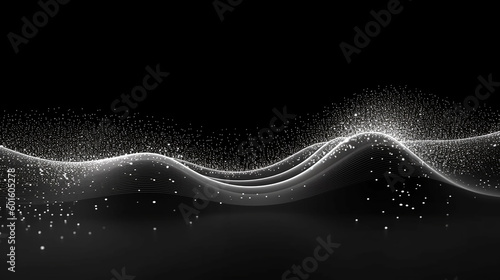 black background with flow of particles abstract wave with moving dots 