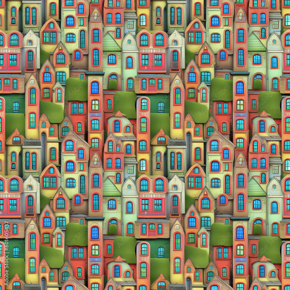 Seamless pattern of different house facades with different sized and shaped windows. Vivid repeating texture. Suitable for print, textile, fabric, wrapping. Wallpaper for children. Generative AI.