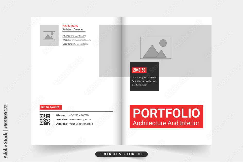 Obraz premium Real estate service portfolio cover template with photo placeholders. Modern architect profile cover template with red and dark colors. Architecture and interior service magazine cover design.
