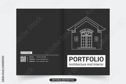 Black and white architecture profile cover template vector with house line art. Simple real estate brochure cover design for marketing. Architecture magazine cover vector for business promotion.