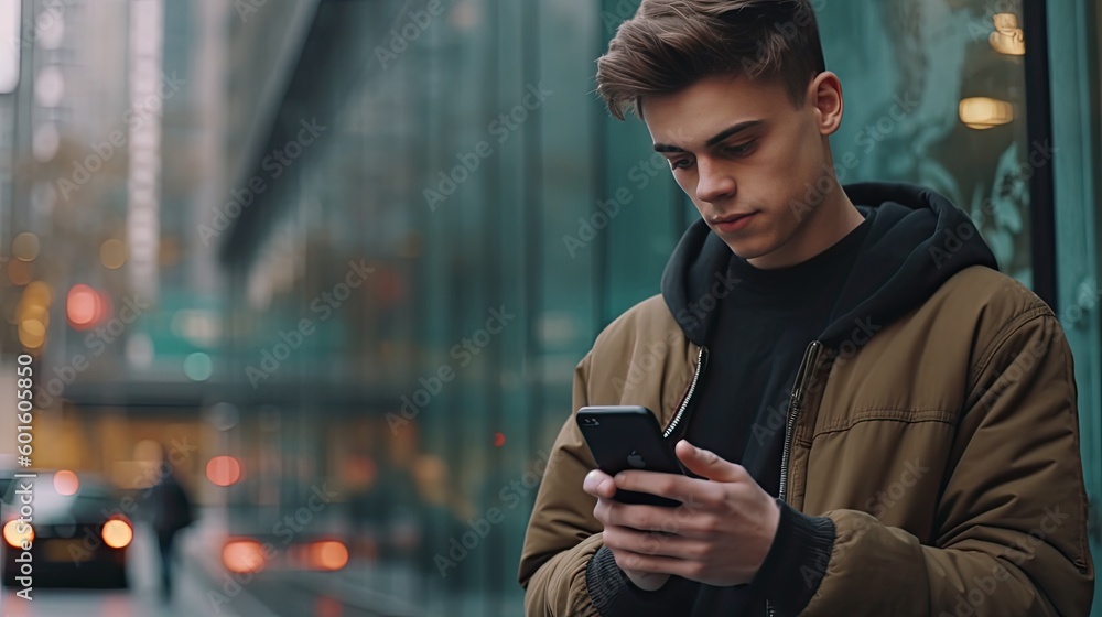 Young handsome man using smartphone in a city. Smiling man texting on his mobile phone isolated portrait. Modern lifestyle, connection, business , ai generated Young handsome man using smartphone in a city. Smiling man texting on his mobile phone isolated portrait. Modern lifestyle, connection, business , ai generated