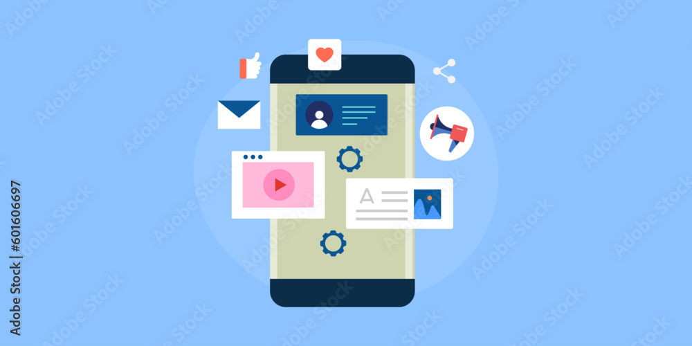 Creating content with mobile application and post update on social media followers' engagement marketing concept, vector illustration web banner. Creating content with mobile application and post update on social media followers' engagement marketing concept, vector illustration web banner.