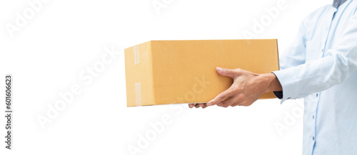 Delivery man holding brown carton box and isolated transparent background and PNG file, online shopping and delivery concept  © Surasak Chuaymoo