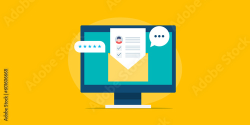 Customer sharing feedback with email message. Survey tick on document paper envelope. User rating review via electronic mail vector illustration.