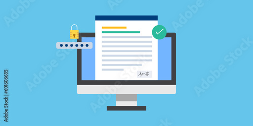 Digital contract with signature password login protection, online secure data document storage vector illustration.