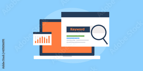 SEO keyword research, website ranking development on search engine result page and competition analytics, SEO tool for content optimization, vector illustration concept.
